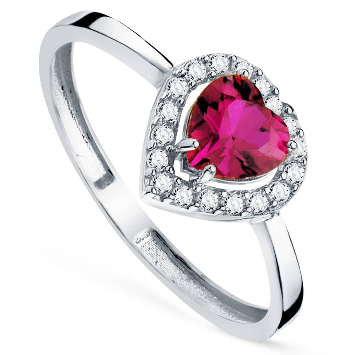 Anillo de oro blanco 18k con corazón en circonita roja y circonitas blancas