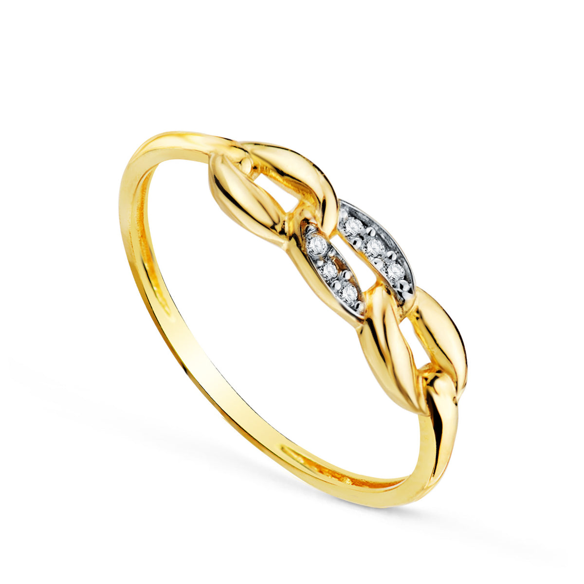Anillo oro 18k bicolor de tres eslabones lisos con circonitas