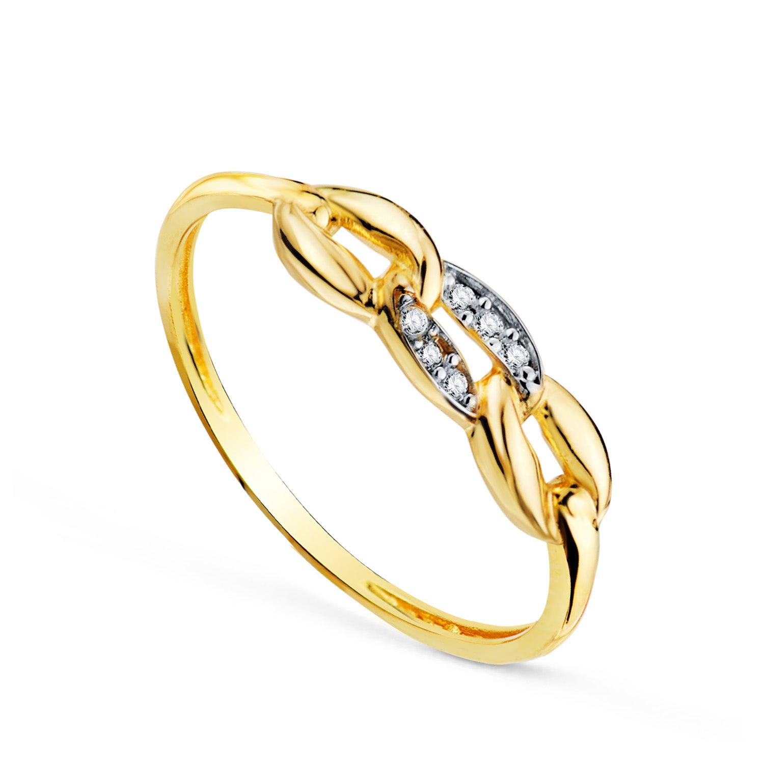 Anillo oro 18k bicolor de tres eslabones lisos con circonitas