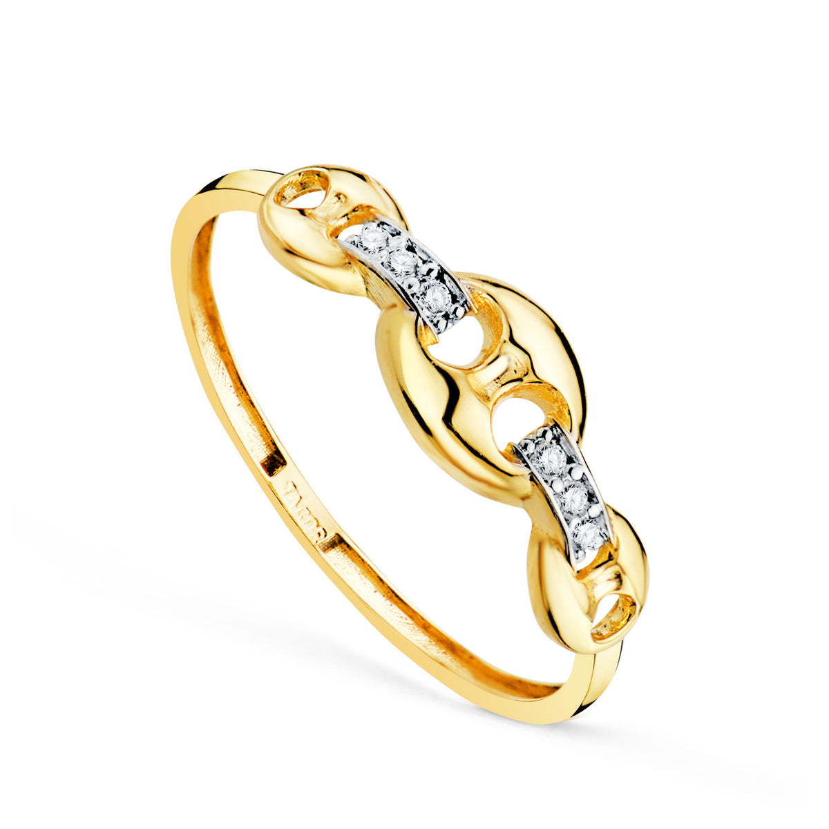 Anillo oro 18k bicolor con eslabones y circonitas