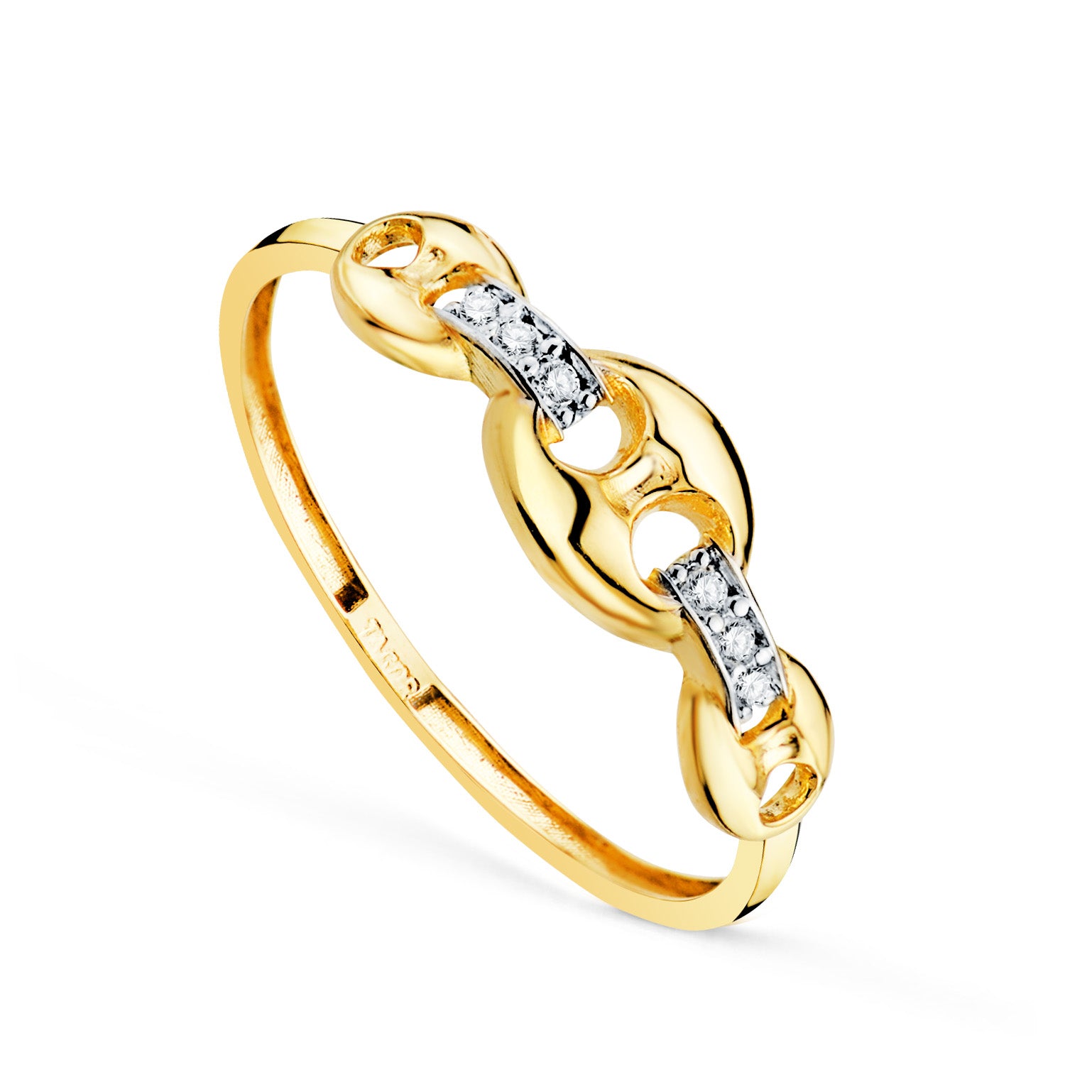 Anillo oro 18k bicolor con eslabones y circonitas
