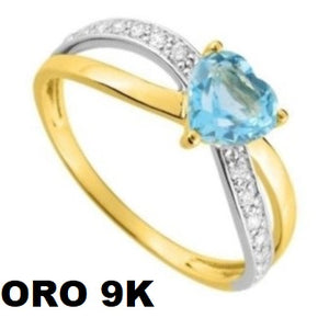 Anillo de oro de 9 quilates con circonitas corazón azul