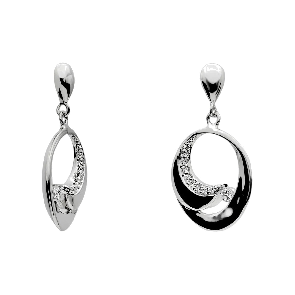 Pendientes largos de plata de ley 925 con diseño ovalado estilo caracola y circonitas blancas, 21,5mm x 14,3mm x 2,4mm.