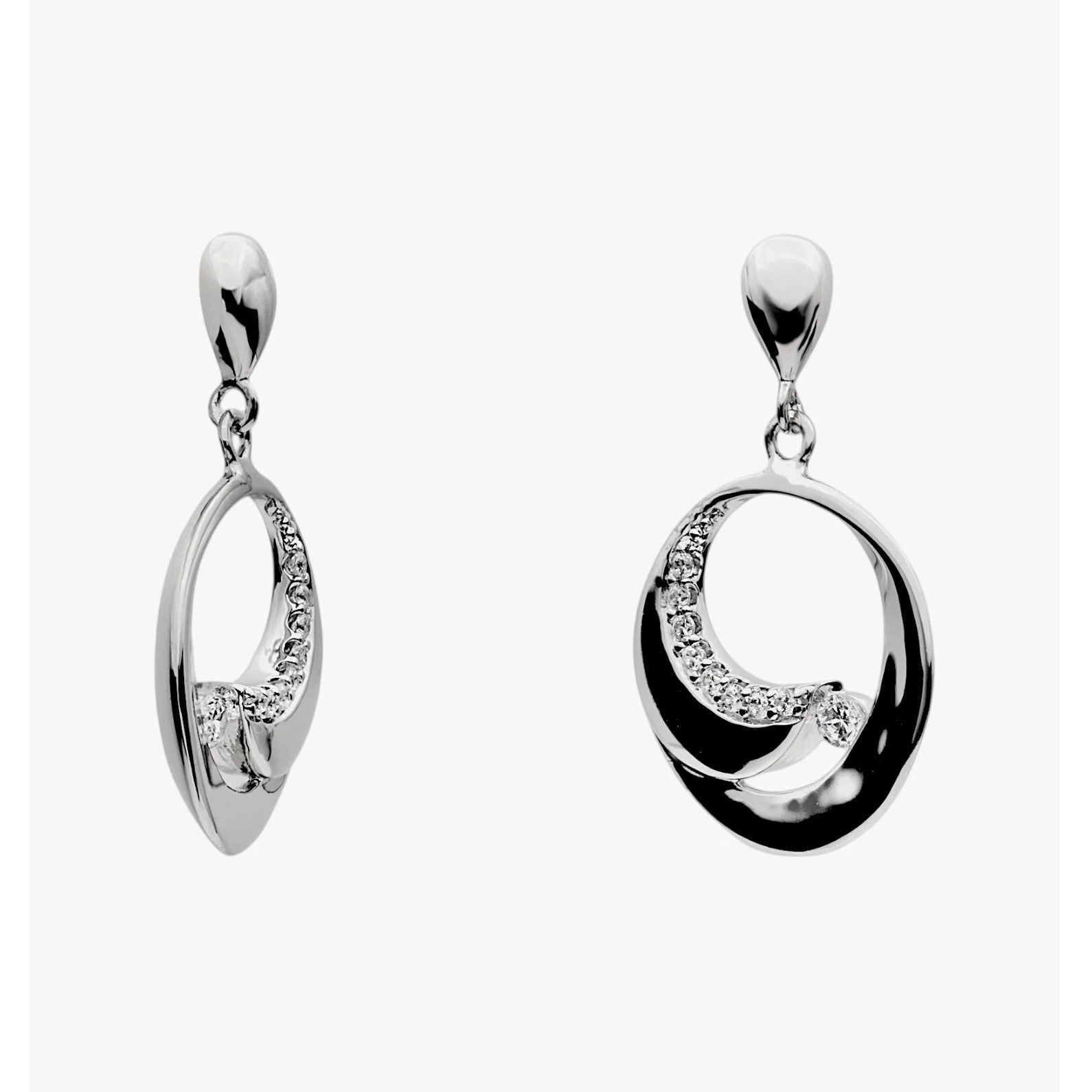Pendientes largos de plata de ley 925 con diseño ovalado estilo caracola y circonitas blancas, 21,5mm x 14,3mm x 2,4mm.