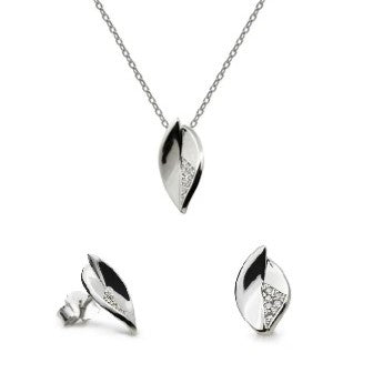 Pendientes y colgante de plata de ley pequeños con circonitas forma de hoja