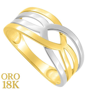 Anillo oro 18k plano ancho bicolor con tiras formas geométricas