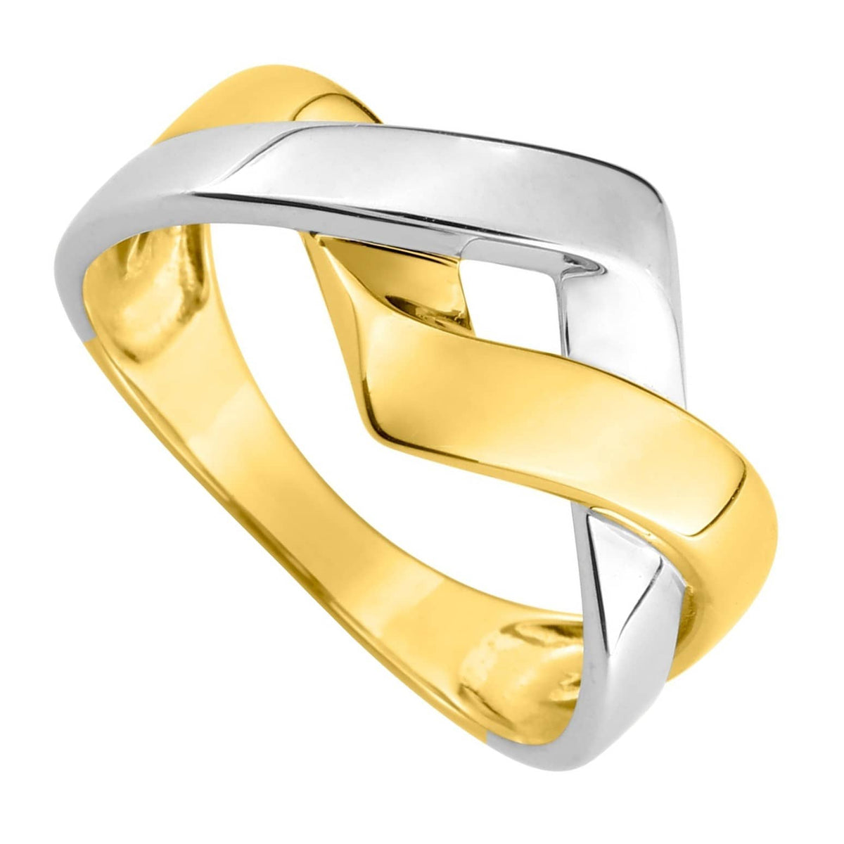 Anillo de oro 18k plano ancho bicolor con tiras cruzadas en forma de rombo