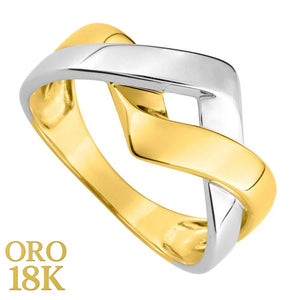 Anillo oro 18k plano ancho bicolor con tiras cruzadas en forma de rombo