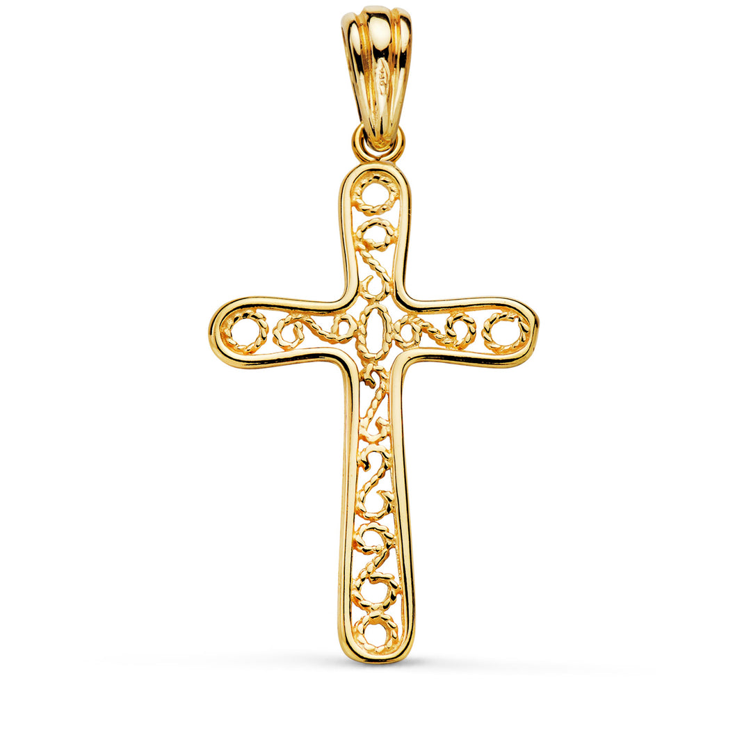 Cruz de oro de 18 quilates con el borde en brillo y filigrana, de 36,5 mm de alto y 22 mm de ancho