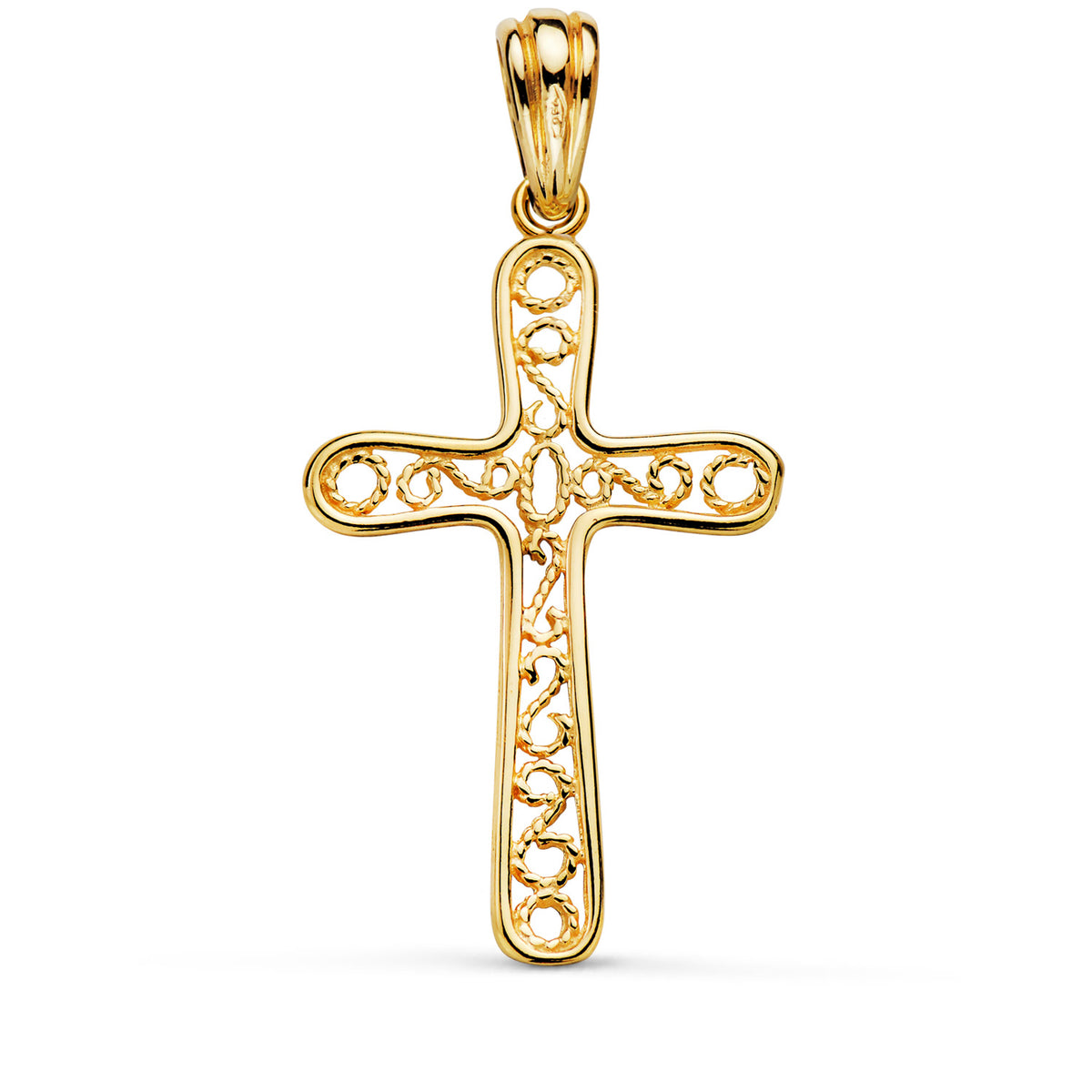 Cruz de oro de 18 quilates con el borde en brillo y filigrana, de 36,5 mm de alto y 22 mm de ancho