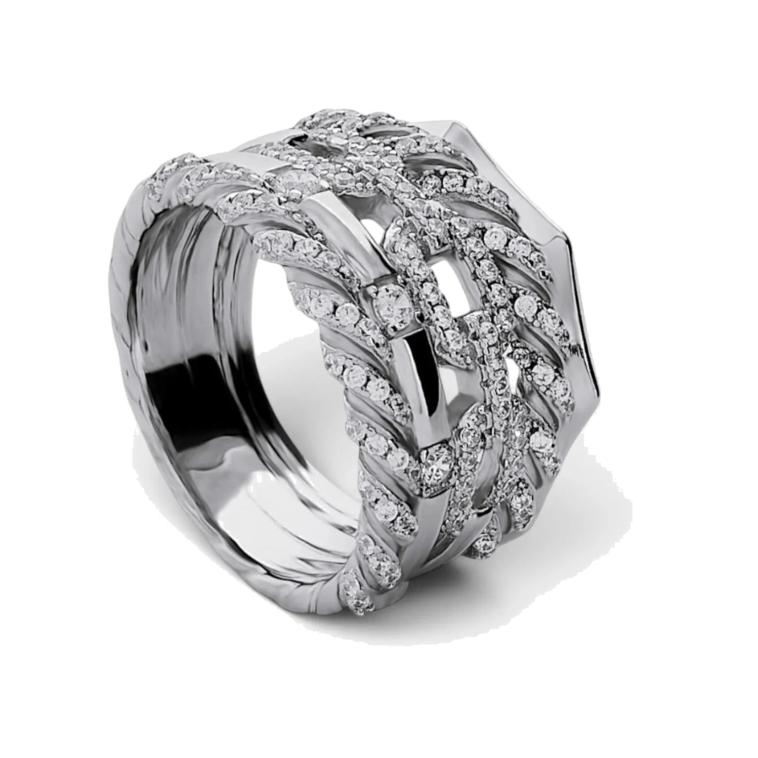 Anillo ancho de plata de ley 925 con diseño entrelazado y circonitas blancas.