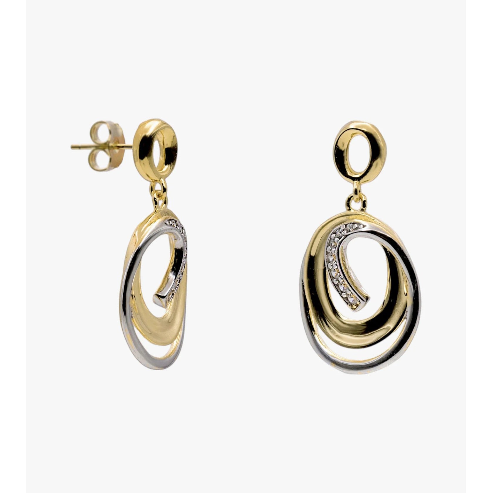 Pendientes colgantes de plata de ley 925 bicolor con baño de oro y circonitas blancas.
