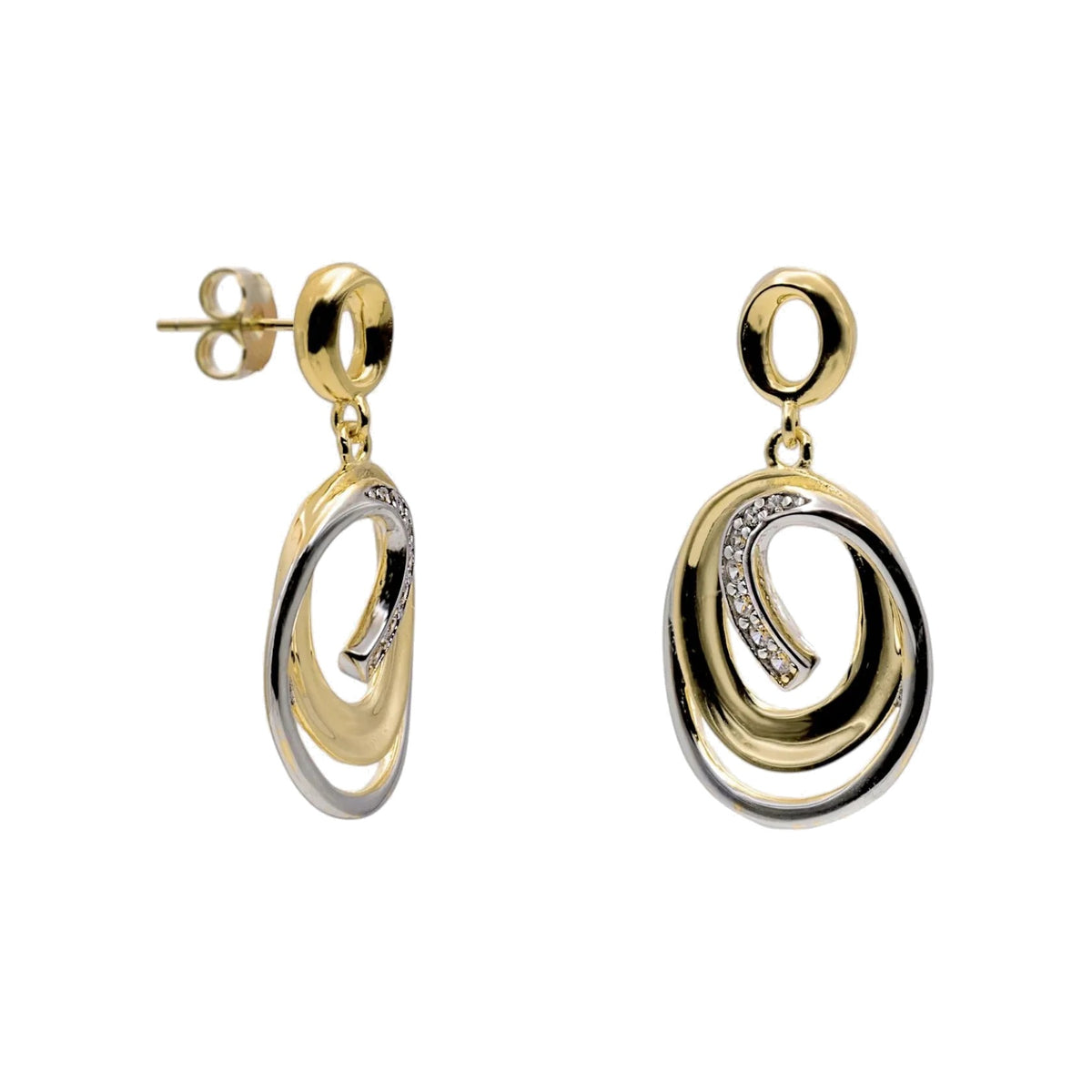 Pendientes colgantes de plata de ley 925 bicolor con baño de oro y circonitas blancas.