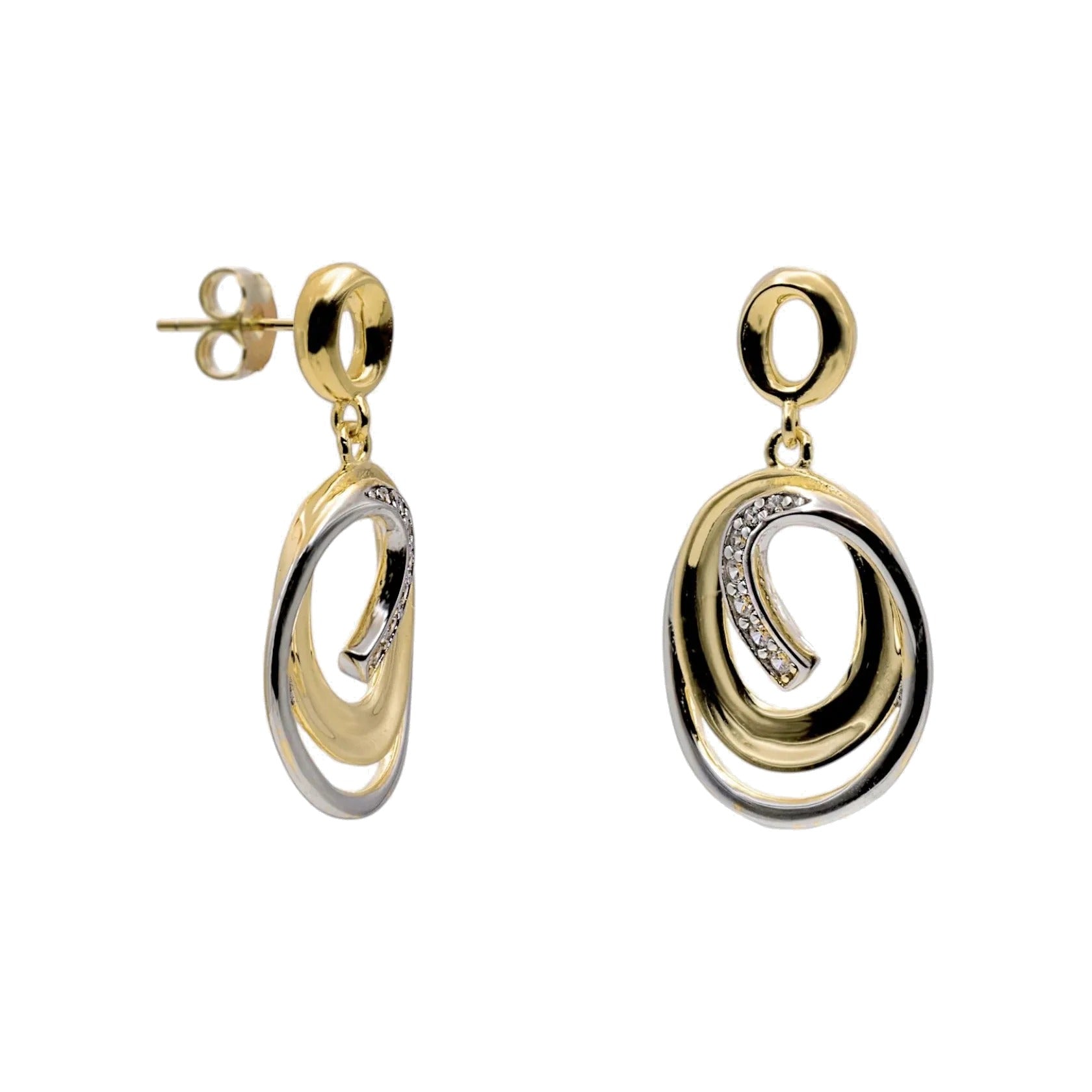 Pendientes colgantes de plata de ley 925 bicolor con baño de oro y circonitas blancas.