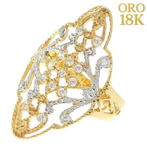 Anillo oro ancho 18k tipo lanzadera bicolor calado con circonitas