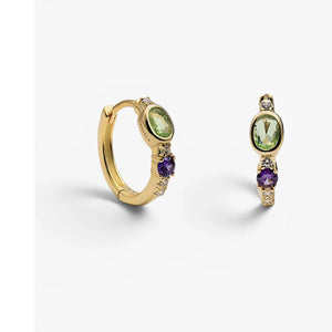 Pendientes de aro pequeños de plata de ley 925 con baño de oro, piedras lila y verde manzana, 12,8mm.