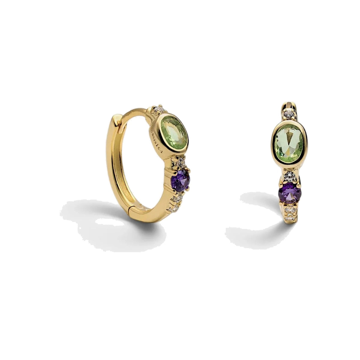Pendientes de aro pequeños de plata de ley 925 con baño de oro, piedras lila y verde manzana, 12,8mm.