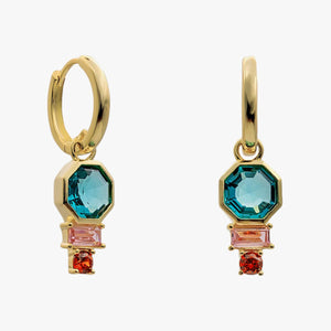 Pendientes de aro de plata de ley 925 con baño de oro y piedras aguamarina, rosa y rubí, 28,5mm.