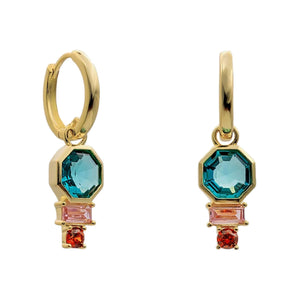 Pendientes de aro de plata de ley 925 con baño de oro y piedras aguamarina, rosa y rubí, 28,5mm.
