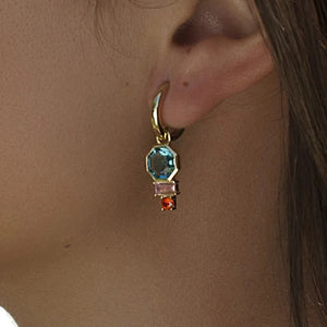 Pendientes de aro de plata de ley 925 con baño de oro y piedras aguamarina, rosa y rubí, 28,5mm.