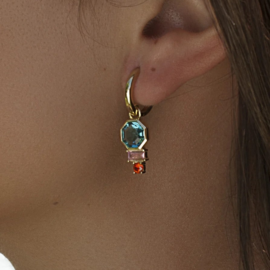 Pendientes de aro de plata de ley 925 con baño de oro y piedras aguamarina, rosa y rubí, 28,5mm.