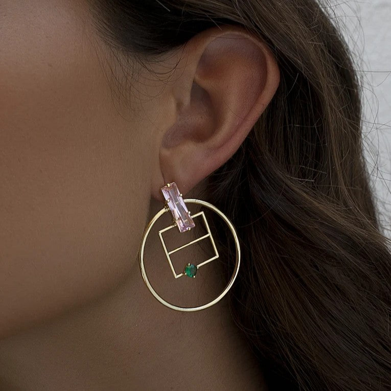 Pendientes de plata de ley 925 con baño de oro y piedras rosa y verde aventurina, 41,6mm.