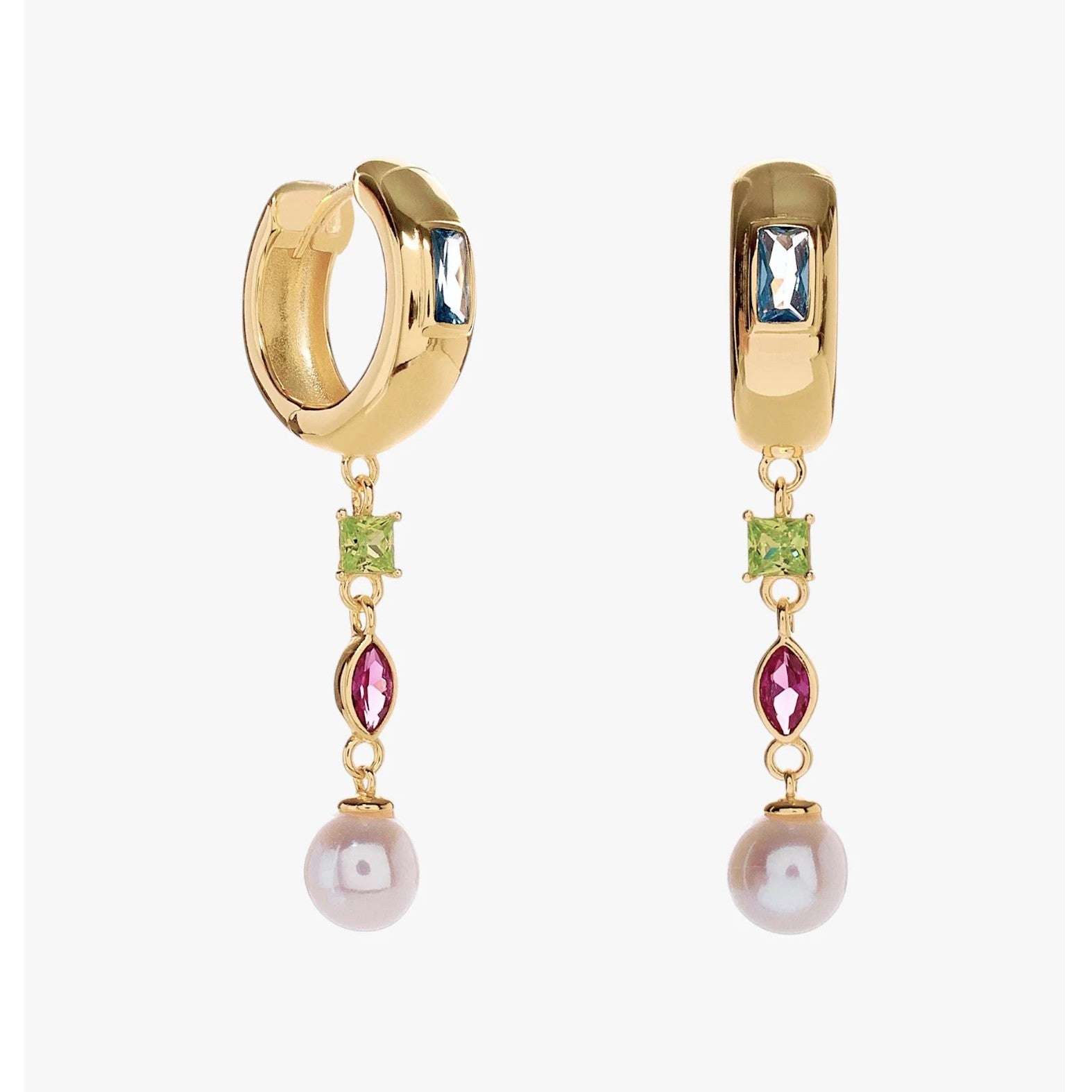 Pendientes de aro de plata de ley 925 con baño de oro, perla de agua dulce y piedras de colores, 5,5mm.