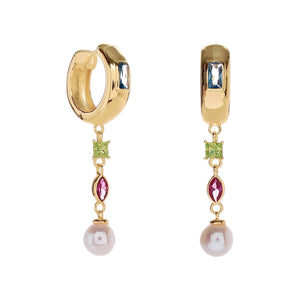 Pendientes de aro de plata de ley 925 con baño de oro, perla de agua dulce y piedras de colores, 5,5mm.