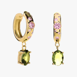 Pendientes de aro de plata de ley 925 con baño de oro y piedras rosa antiguo y verde manzana, 27,1mm.