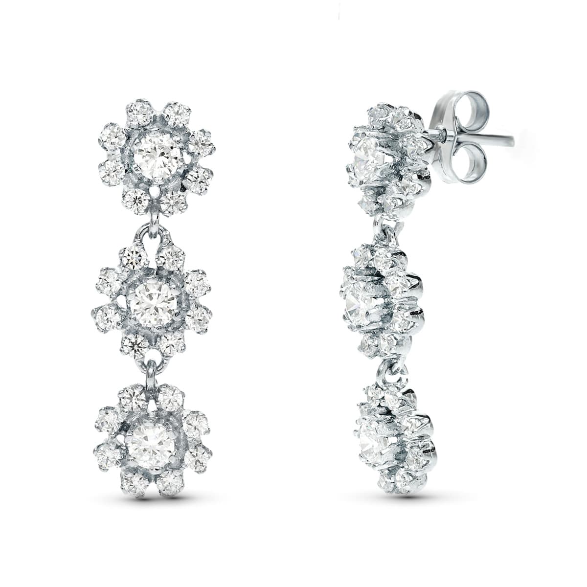 Pendientes largos de novia con tres cuajos de circonitas, 24x8 mm