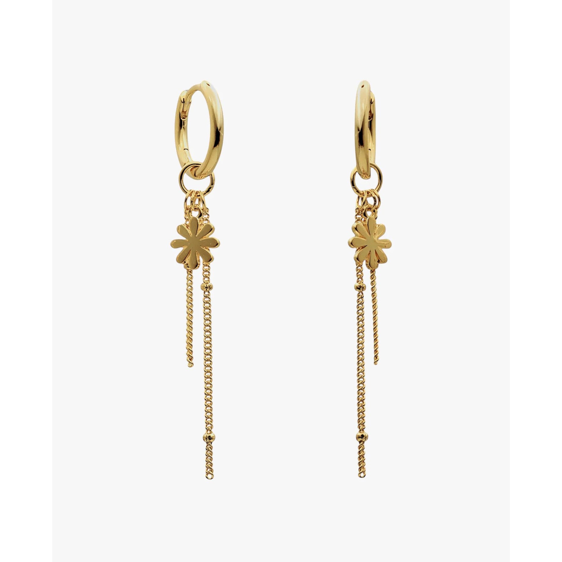 Pendientes de aro de plata de ley 925 con baño de oro, flor calada y cadenitas colgantes, 53,2mm.