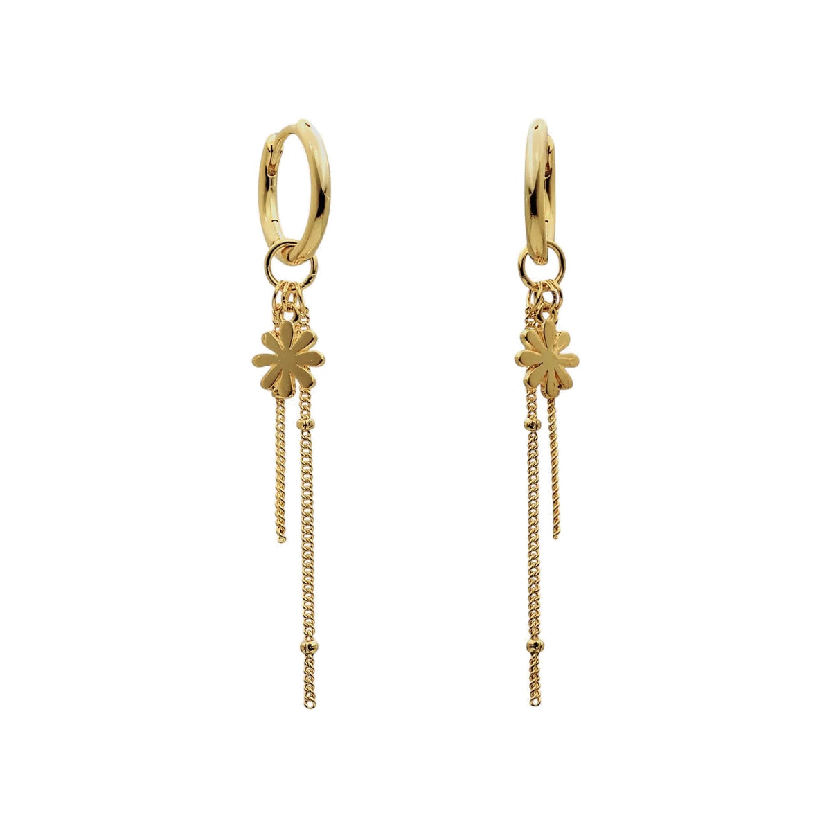 Pendientes de aro de plata de ley 925 con baño de oro, flor calada y cadenitas colgantes, 53,2mm.