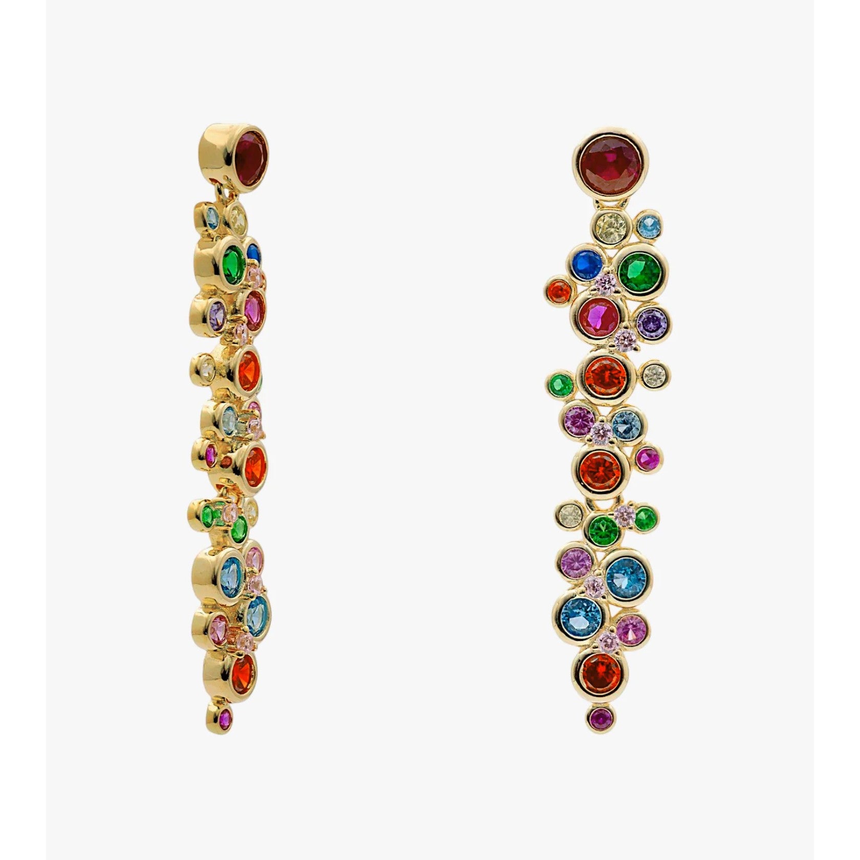 Pendientes largos de plata de ley 925 con baño de oro y piedras multicolor de cuarzo adamantino, 40mm.