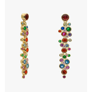 Pendientes largos de plata de ley 925 con baño de oro y piedras multicolor de cuarzo adamantino, 40mm.