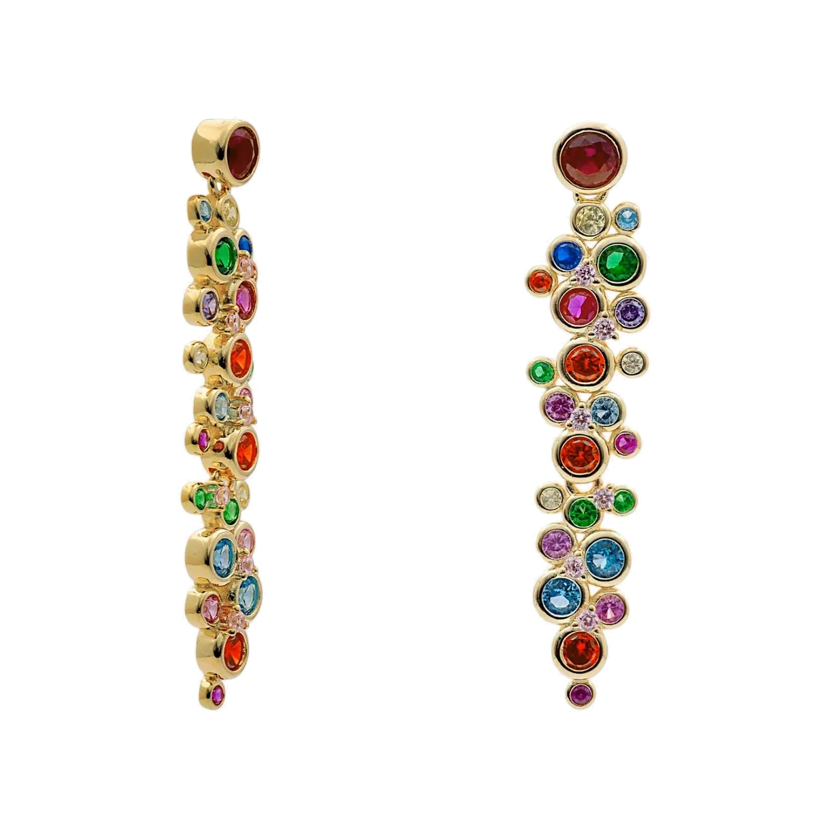 Pendientes largos de plata de ley 925 con baño de oro y piedras multicolor de cuarzo adamantino, 40mm.