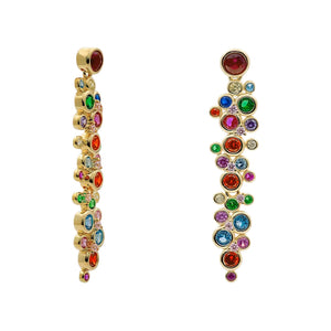 Pendientes largos de plata de ley 925 con baño de oro y piedras multicolor de cuarzo adamantino, 40mm.