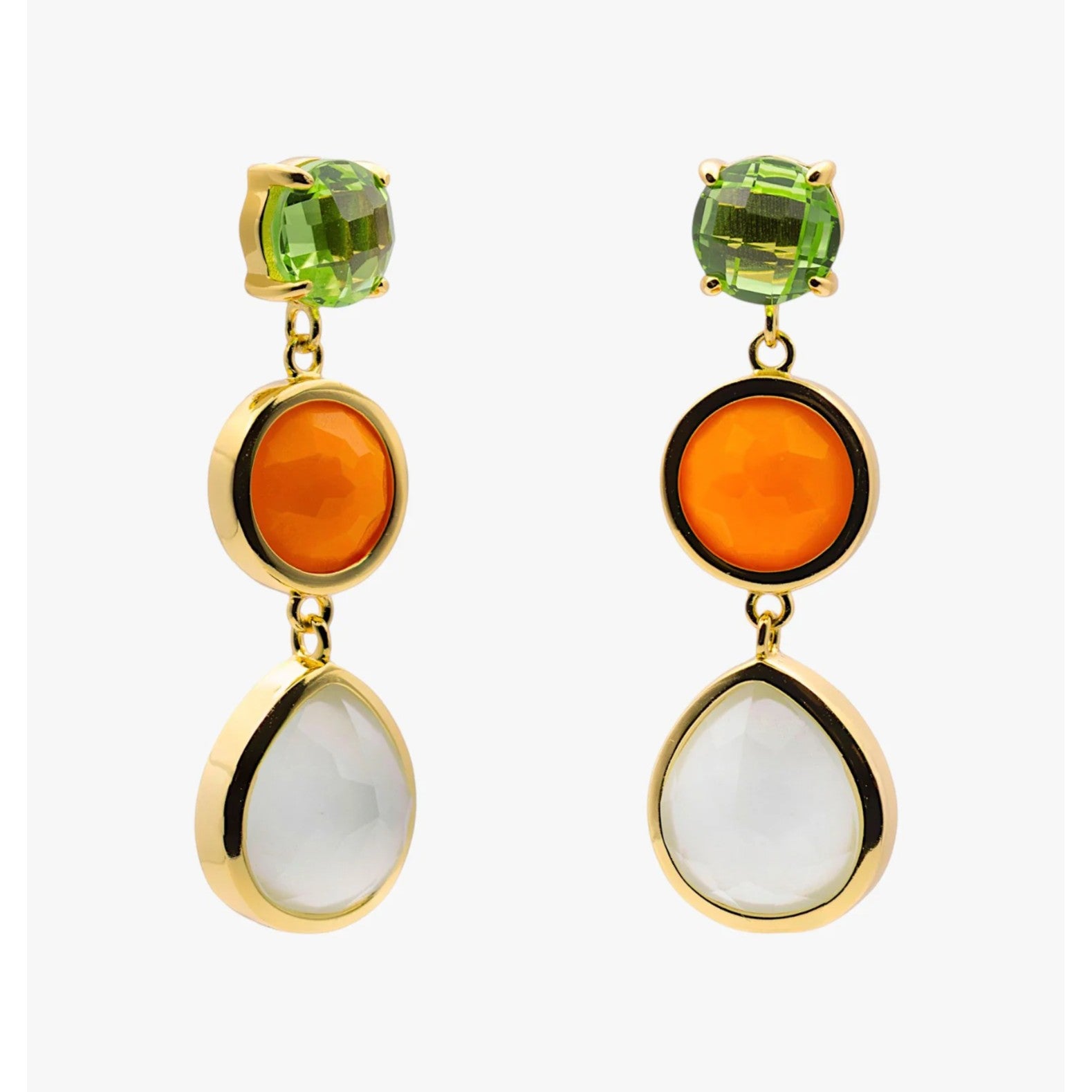 Pendientes largos de plata de ley 925 con baño de oro, cuarzo verde y aventurina naranja, 35mm.
