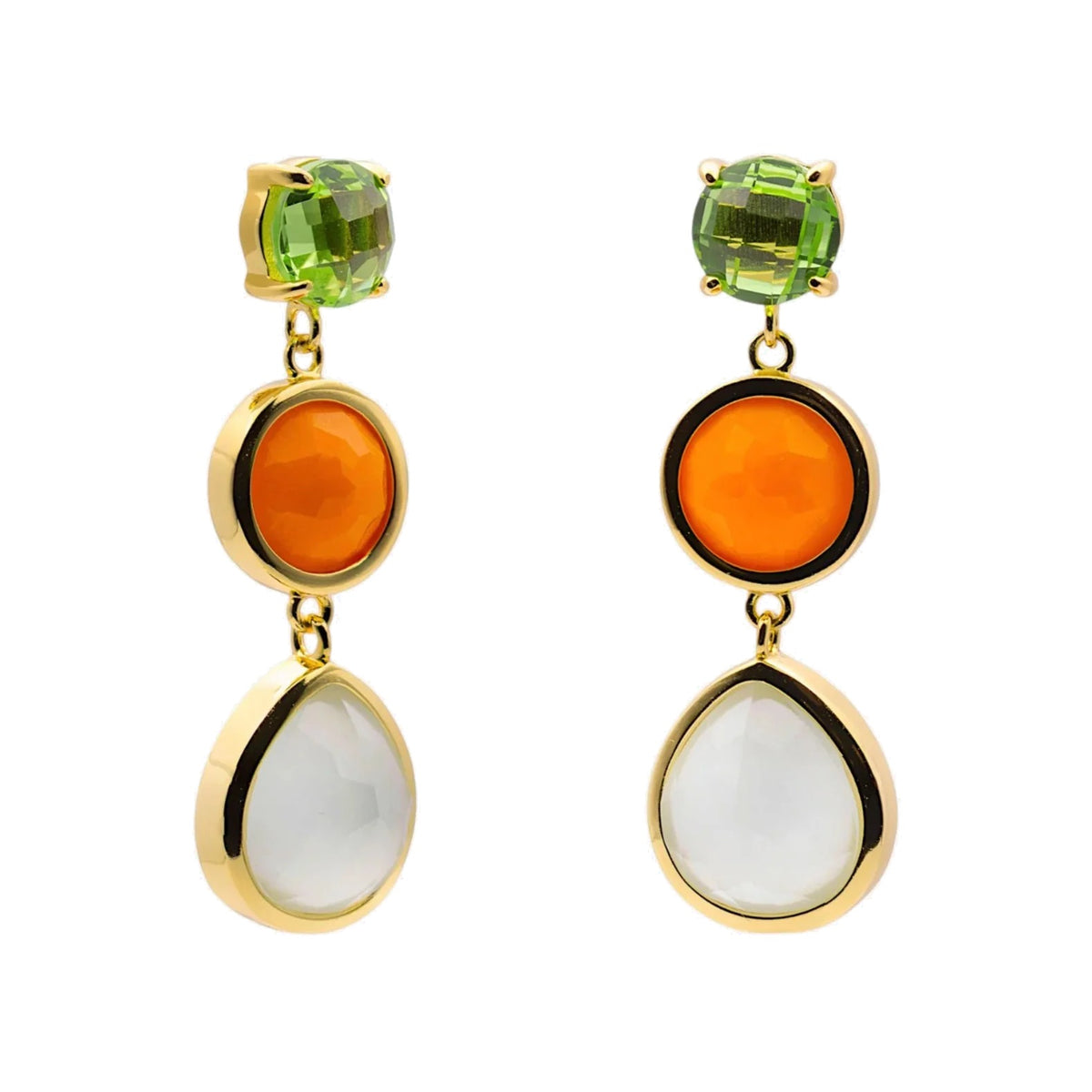 Pendientes largos de plata de ley 925 con baño de oro, cuarzo verde y aventurina naranja, 35mm.