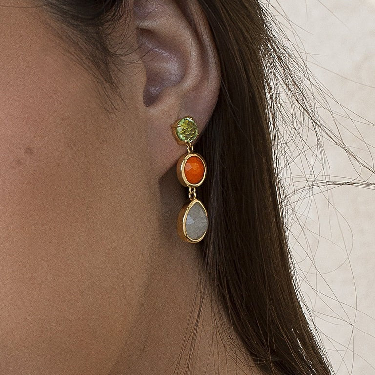 Pendientes largos de plata de ley 925 con baño de oro, cuarzo verde y aventurina naranja, 35mm.