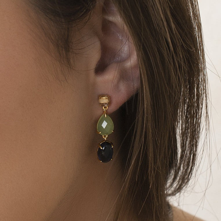 Pendientes largos de plata de ley 925 con baño de oro y ojo de gato azul marino, 30,9mm.