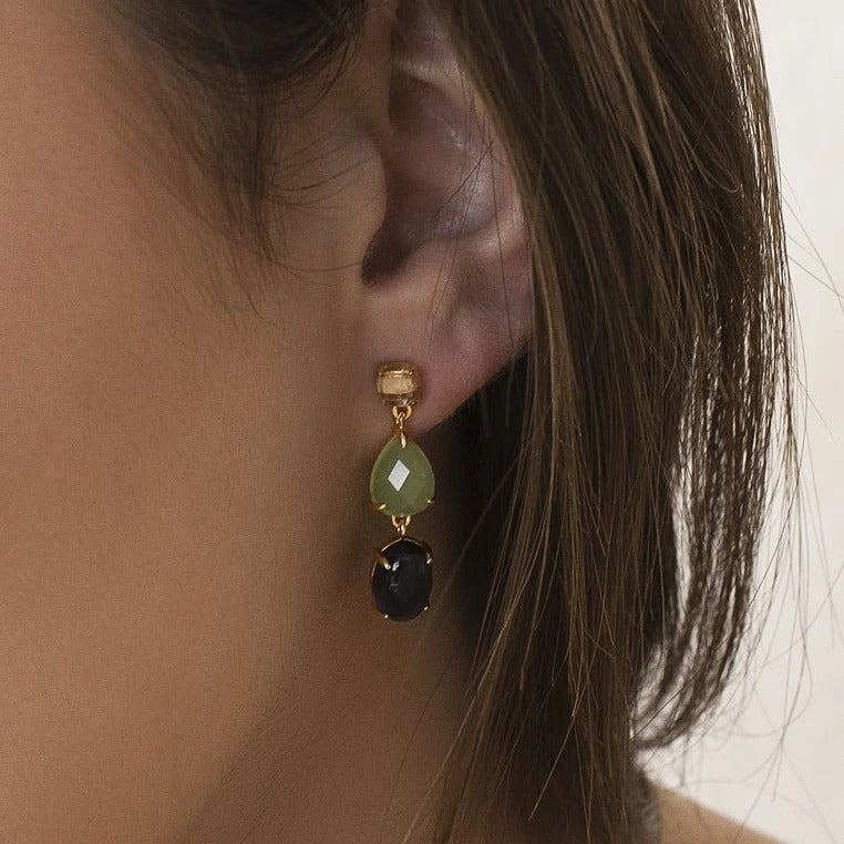 Pendientes largos de plata de ley 925 con baño de oro y ojo de gato azul marino, 30,9mm.