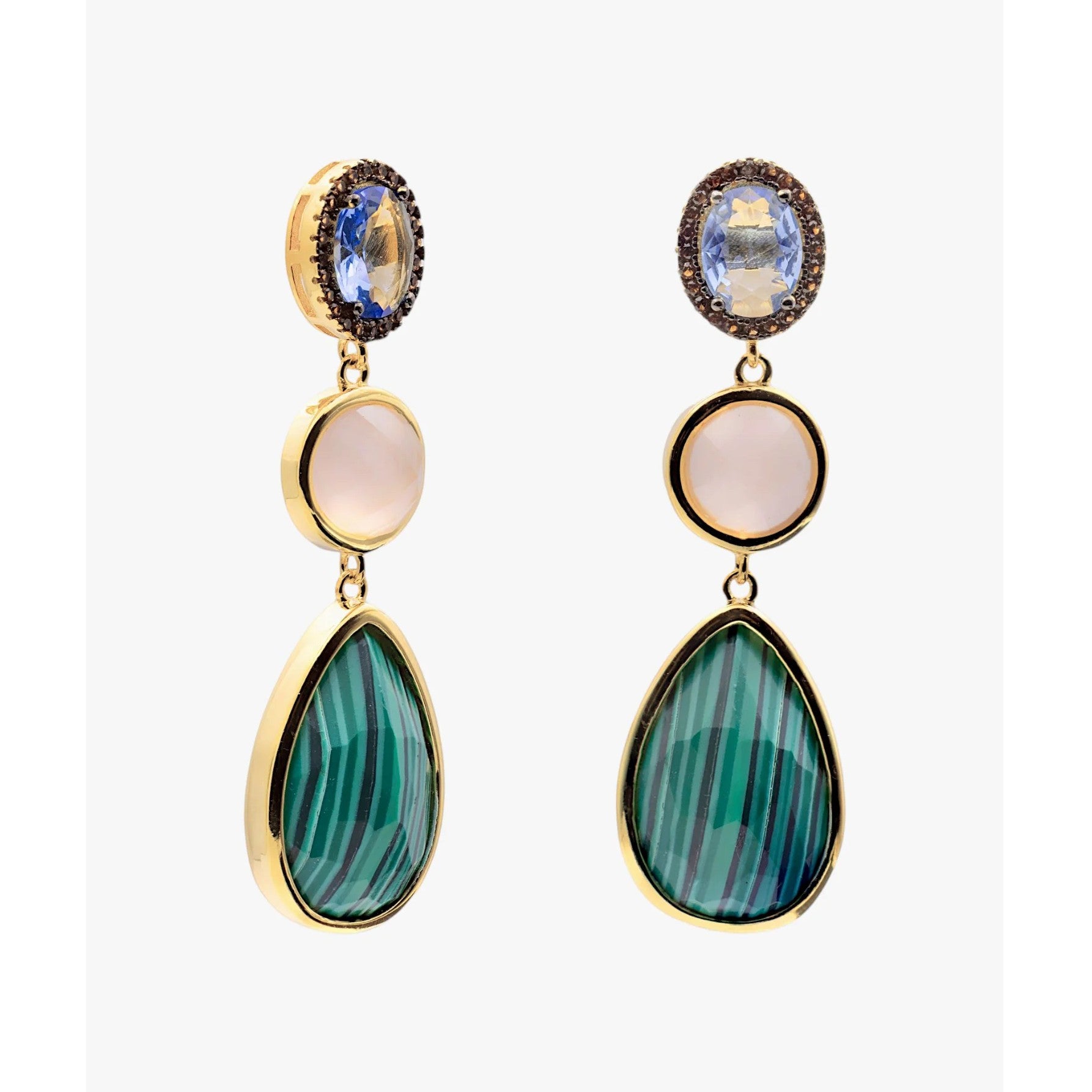 Pendientes largos de plata de ley 925 con baño de oro, malaquita y morganita naturales, 22,5mm.