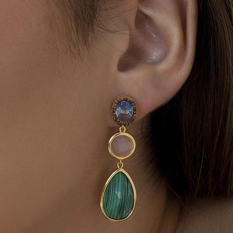 Pendientes largos de plata de ley 925 con baño de oro, malaquita y morganita naturales, 22,5mm.