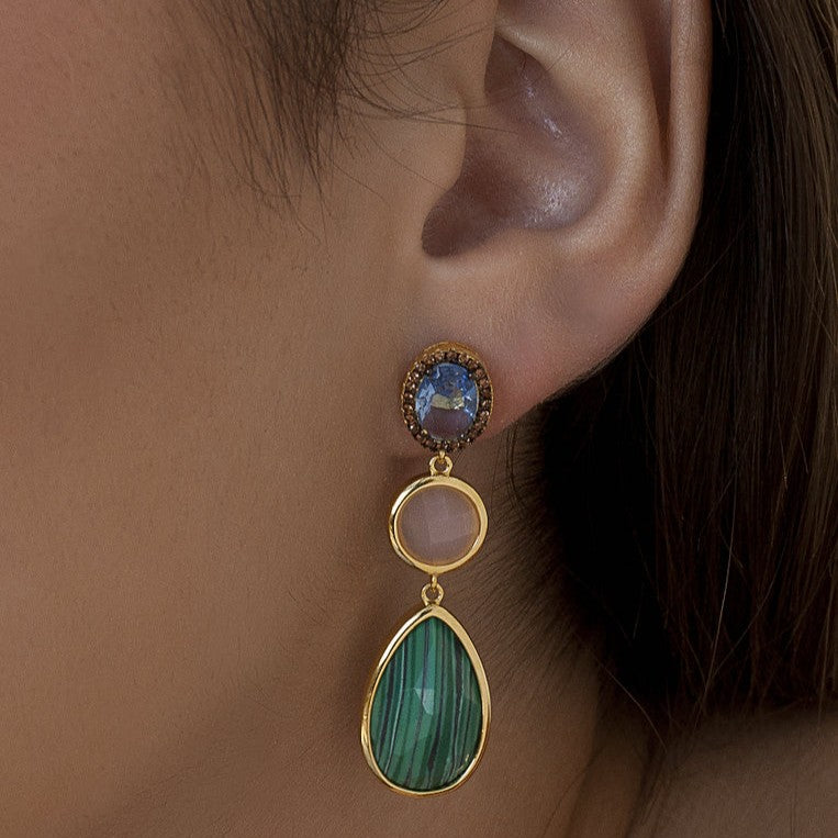 Pendientes largos de plata de ley 925 con baño de oro, malaquita y morganita naturales, 22,5mm.