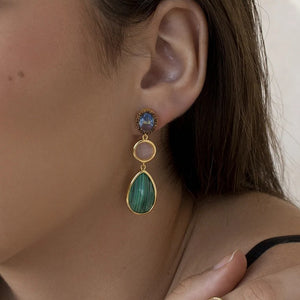 Pendientes largos de plata de ley 925 con baño de oro, malaquita y morganita naturales, 22,5mm.