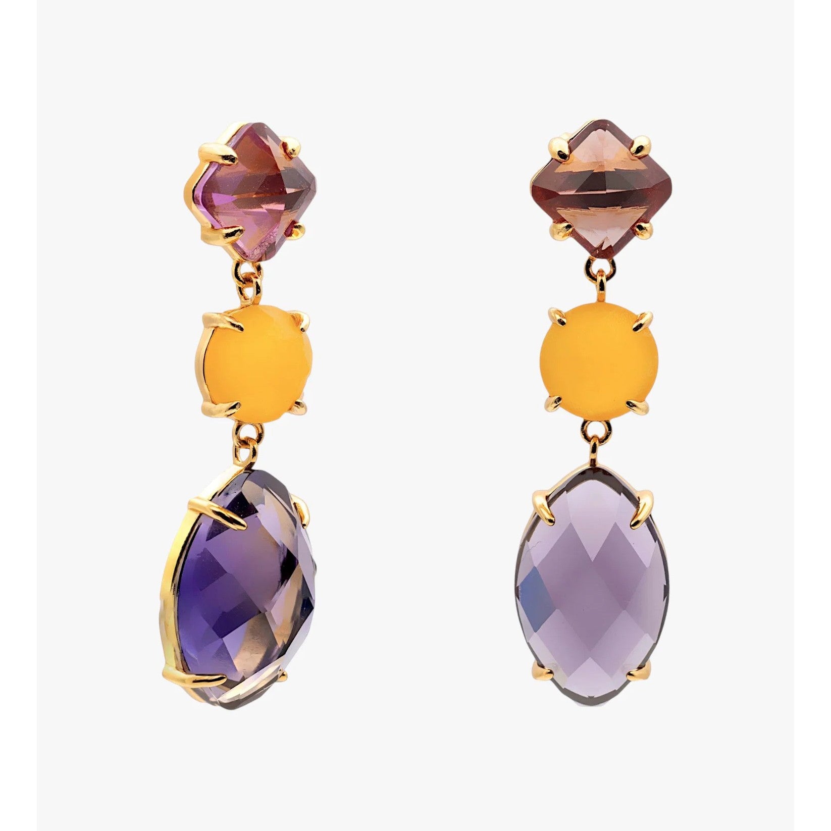 Pendientes largos de plata de ley 925 con baño de oro y cuarzos lavanda y naranja citrino, 40mm.