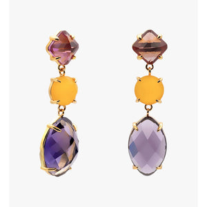 Pendientes largos de plata de ley 925 con baño de oro y cuarzos lavanda y naranja citrino, 40mm.