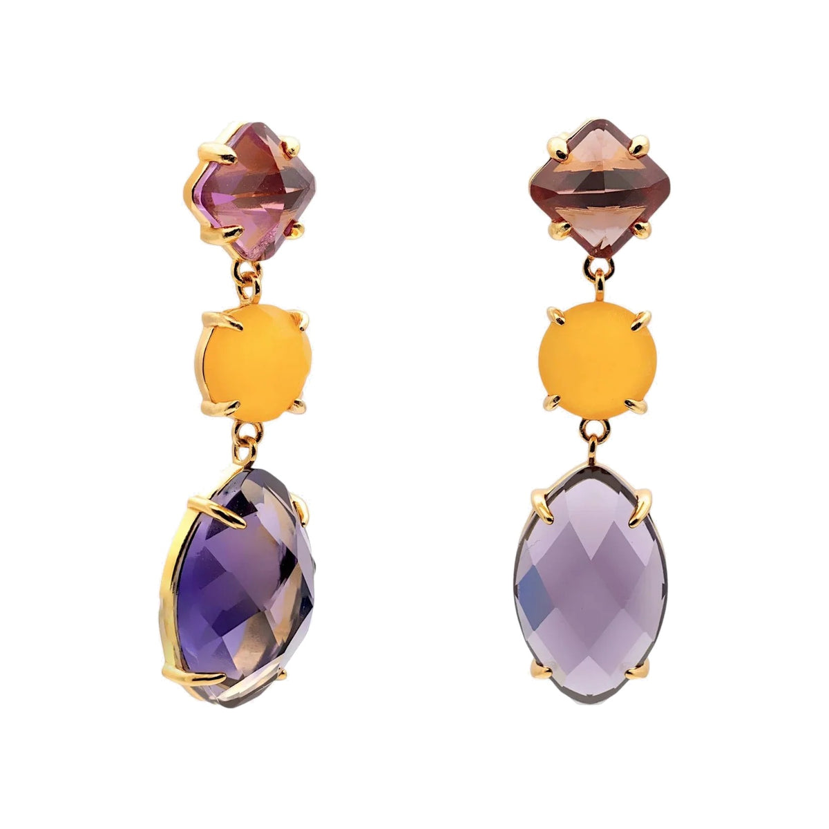 Pendientes largos de plata de ley 925 con baño de oro y cuarzos lavanda y naranja citrino, 40mm.
