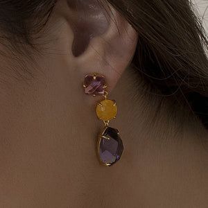 Pendientes largos de plata de ley 925 con baño de oro y cuarzos lavanda y naranja citrino, 40mm.