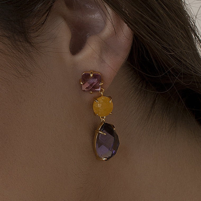 Pendientes largos de plata de ley 925 con baño de oro y cuarzos lavanda y naranja citrino, 40mm.